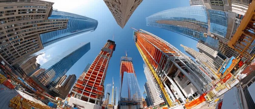 Cityscape Ascent: A striking upward view showcases towering skyscrapers piercing the clear blue sky, displaying modern architectural marvels.