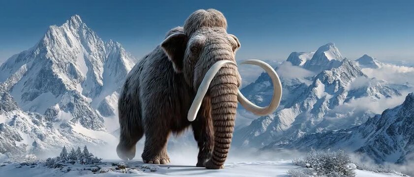 Ancient Majesty: A woolly mammoth stands majestic against a backdrop of snow-capped mountains, a testament to the power of the ice age.