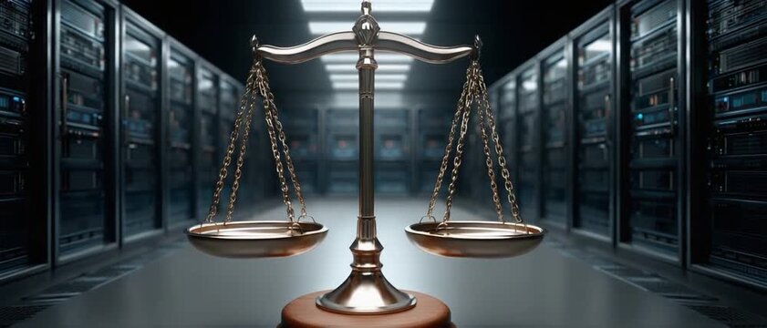 Justice Scale in Data Center: A gleaming justice scale stands as a powerful symbol of fairness and law, perfectly centered within the high-tech, data center, symbolizing the balance in digital realm.