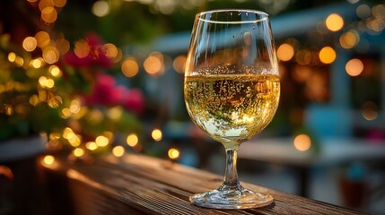 Obraz premium Elegant, close-up photograph of a glass of crisp white wine, with delicate bubbles rising, set against a beautiful, warm bokeh background of a patio.