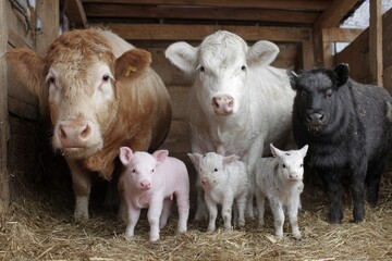 Fototapeta premium Cows and pigs with their young on a farm surrounded by straw and wooden structures during early morning light