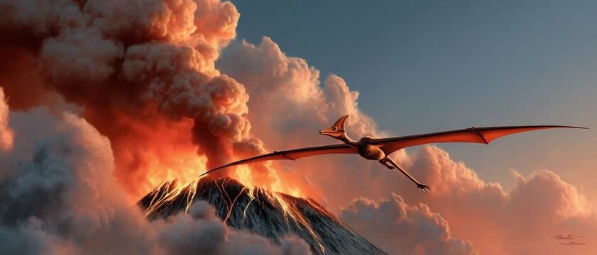 Volcanic Flight: A majestic pterosaur soars through a dramatic sky, set against a backdrop of an erupting volcano, its fiery plumes painting the heavens in hues of orange and red.