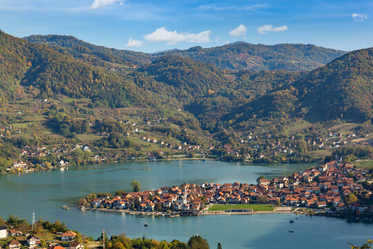 View of the Drina River and the Bosnian village of Divic from Zvornik Fortress on a bright autumn day, Bosnia and Herzegovina