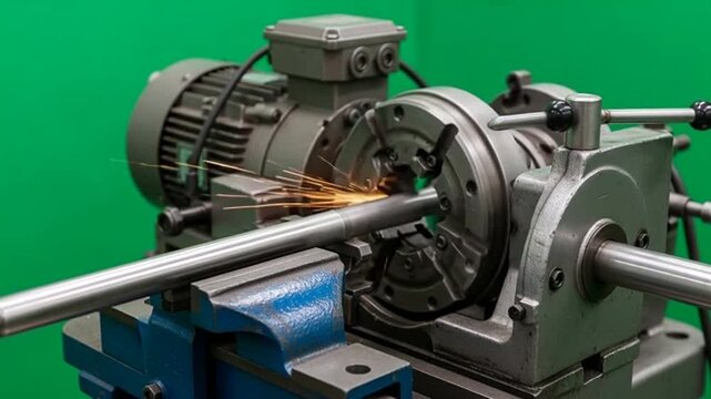 Metal pipe threading machine in action, generating bright sparks in a factory setting