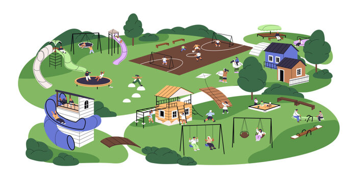 Happy kids have fun on kindergarten playground, outdoors. Children play football, games in park with swings, seesaws, sandbox. Babies are on school ground. Flat isolated vector illustration on white