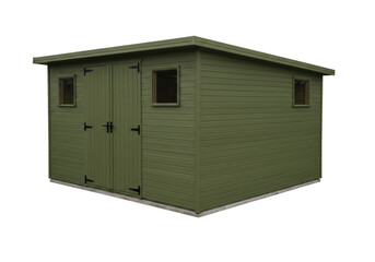 Isolated Green Garden Shed with Windows and Doors, Storage Building Structure
