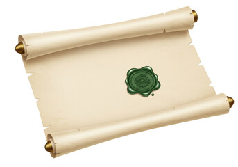Isolated scroll with green wax seal for old manuscript message or parchment paper document