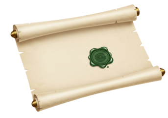 Isolated scroll with green wax seal for old manuscript message or parchment paper document