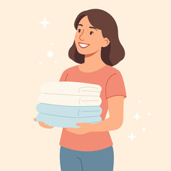 Flat vector illustration of a happy woman holding a stack of clean folded clothes. Perfect for household chores, cleaning services, or home lifestyle concepts.