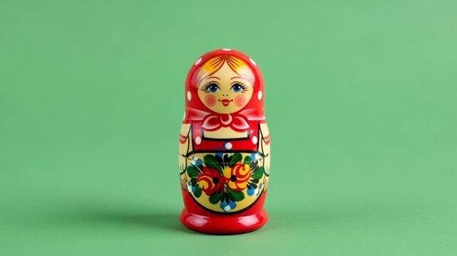 Matryoshka doll on green background. Traditional Russian wooden toy animation