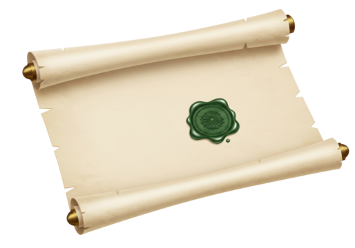 Isolated scroll with green wax seal for old manuscript message or parchment paper document
