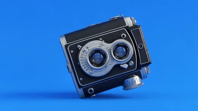 Vintage twin lens reflex camera presentation on blue background ideal photography clip