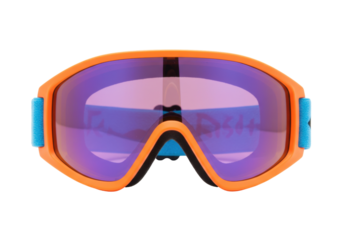 Isolated bright orange ski goggles with blue accents and purple lenses for winter sports