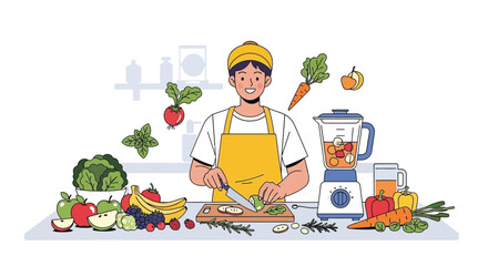 Vector Illustration of a Lady Cooking in the Kitchen – Homemade Meal Preparation, Healthy Eating, Chef Character, Culinary Art, Food, Fat Cook, Restaurant Concept, Domestic Lifestyle and Cooking Desig