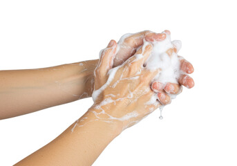 Isolated hands with soap lather for proper hand washing technique, hygiene during virus season