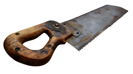 Old rustic hand saw with wood grain handle and rusty blade