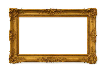 Baroque ornate gold picture frame with blank empty space for design, retro gilded vintage border on transparent background