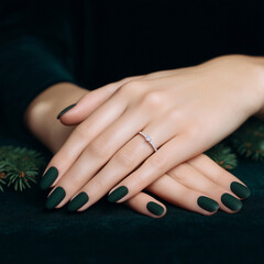Fototapeta premium Woman hands with dark green manicure on black background