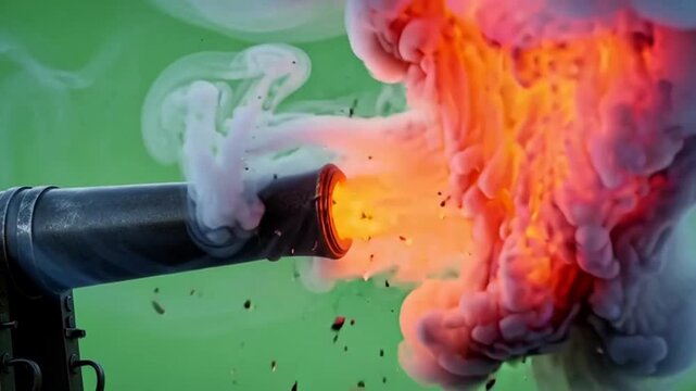 Slow motion cannon firing sequence with vibrant explosion and smoke effects over green screen