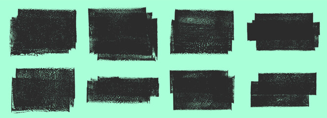Linocut, relief printing layered rectangles grungy textures vector set. Artistic rough text boxes, frames, backgrounds, uneven geometric edge. Paint roller stains collection, textured lino ink remains