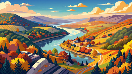 Very beautiful aerial panoramic view of Delaware Water Gap on a bright autumn day, showcasing winding river, colorful forested mountains, and scenic landscape along the New Jersey and Pennsylvania