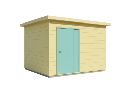 Isolated yellow wooden garden shed with a blue door for yard tools and storage, outdoors