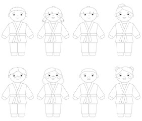 Line art illustrations of diverse children in martial arts uniforms, isolated on a white background. Suitable for coloring books or educational materials.
