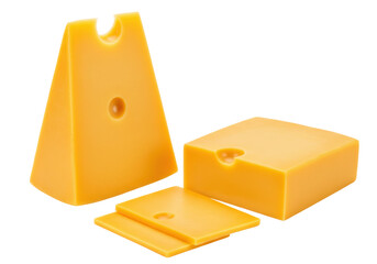 Isolated cheddar cheese chunk with slices and wedge, prepared dairy product for sandwiches