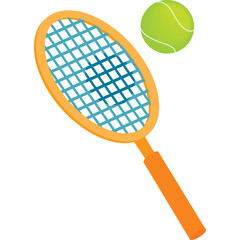 Orange Tennis Racket with Blue Net and Green Ball on White Background Isolated Object for Sports and Recreation