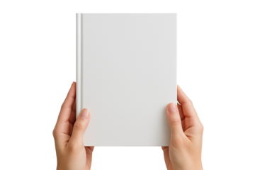 Hands holding vertical white book, PNG transparent background
