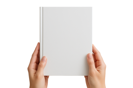 Hands holding vertical white book, PNG transparent background