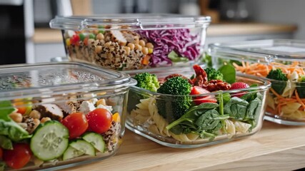 A selection of healthy, colorful, and fresh meal prep containers filled with diverse ingredients like grains, vegetables, and protein, ready for convenient eating.