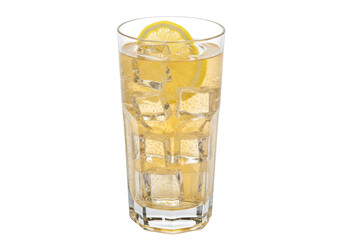 Isolated cold drink with ice cubes and lemon slice in a glass, fresh summer beverage
