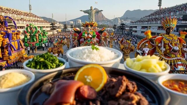 Brazilian Feijoada Delights Overlooking Vibrant Carnival Parade in Rio de Janeiro
