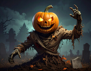 Pumpkin Headed Scarecrow emerging from grave on a spooky night with tombstones and fog