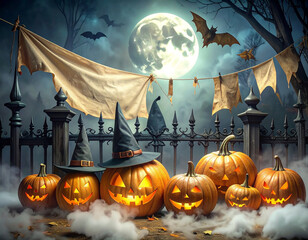 Spooky Halloween night scene with carved pumpkins, bats flying under a full moon, and festive garland