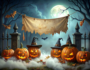 Spooky Halloween Scene Pumpkins, Bats, and a Glowing Moon – Perfect for Fall Festivities!