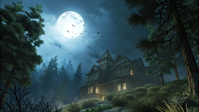 Haunted house glowing under moonlit woods concept. A mysterious haunted house under a full moon with eerie surroundings.