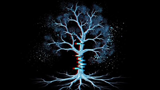 Digital Tree Glitch Animation on Black Background, Abstract Concept Video Footage