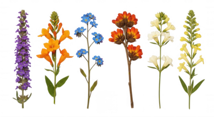 Purple orange blue yellow white blossoms isolated on a transparent background