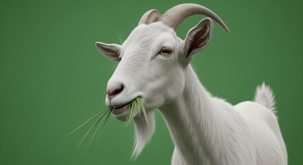 White Goat Grazing on Green Grass with Horns and Beard.