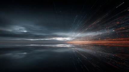 Dynamic cityscape with energetic light trails reflecting in a futuristic skyline, perfect for innovative designs and modern concepts, a vibrant urban glow