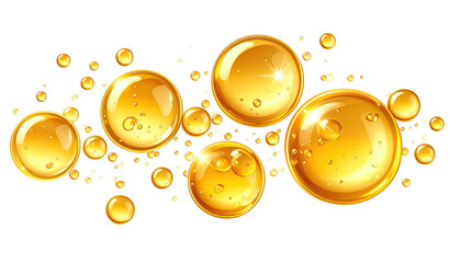 Gleaming golden oil droplets floating against a black background