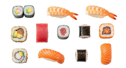 Assorted Japanese seafood rolls and nigiri isolated on a transparent background