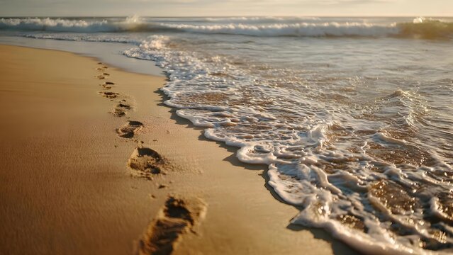 Footprints along a golden sandy beach with foamy waves washing up at sunset. Concept Golden Hour Beach, Footprints in Sand, Foamy Waves at Sunset, Sunset Seascape, Serene Beach Walk - Powered by Adobe