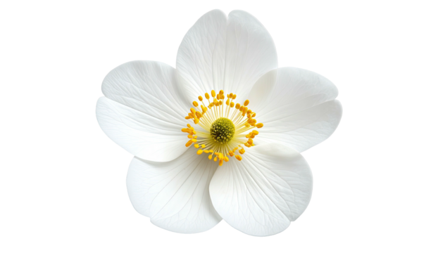Elegant five-petal white flower with yellow stamen against black