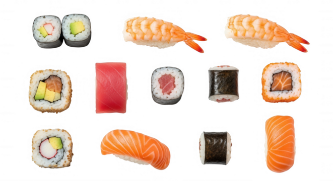 Assorted Japanese seafood rolls and nigiri isolated on a transparent background - Powered by Adobe
