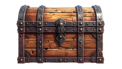 Detailed, rustic wooden treasure chest with metal bands and lock