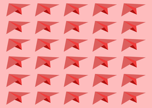 Red paper planes arranged in repeat pattern on pink background illustration