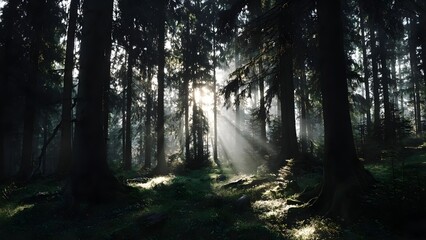 Fototapeta premium Sunlight streams through a dense forest, casting dramatic rays on the mossy ground in a quiet, misty woodland. Concept Dramatic sunbeams in dense forest, Mossy forest floor, Misty woodland
